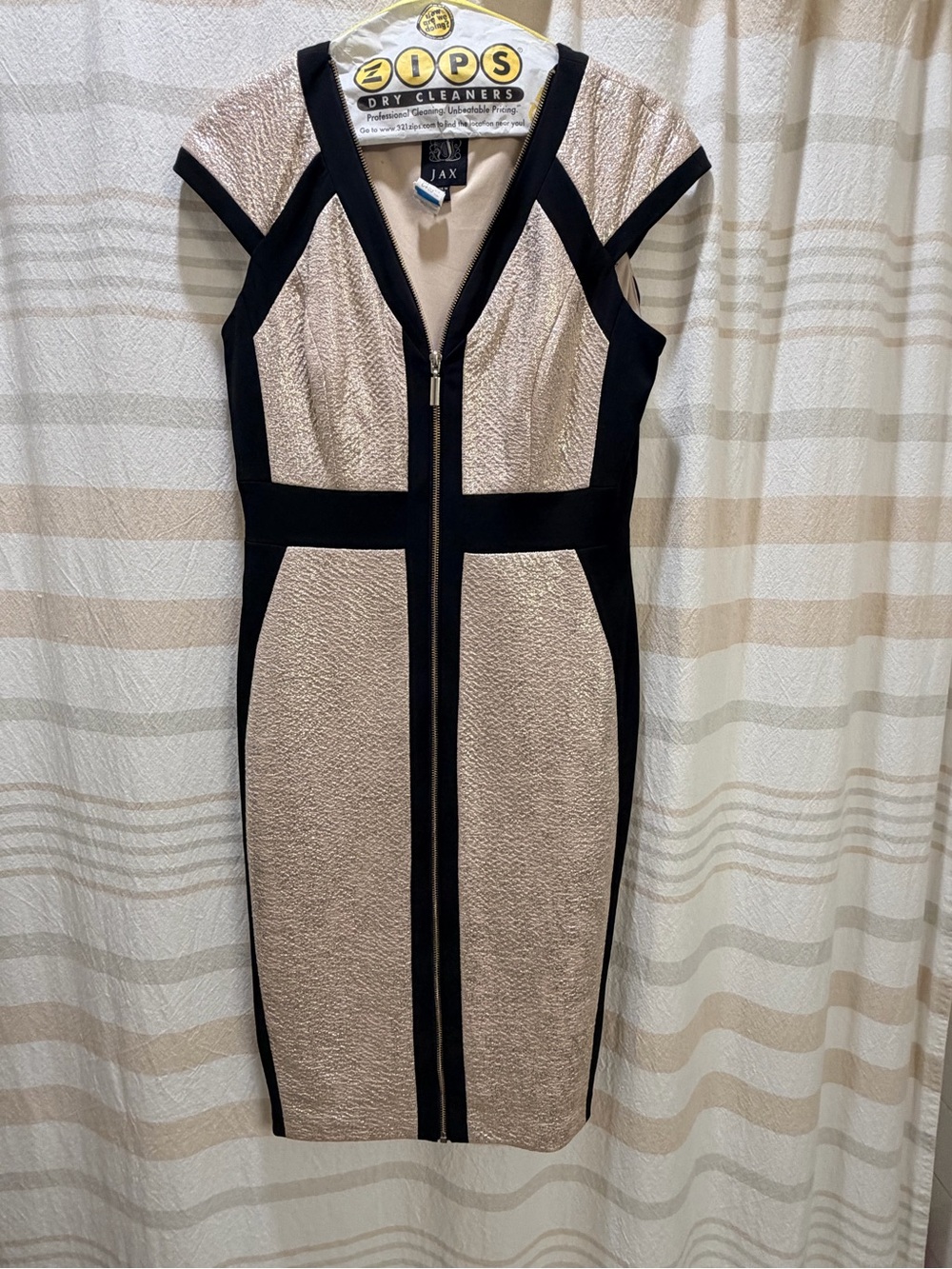 Jax Black and Beige Zip-Front Midi Sheath Dress